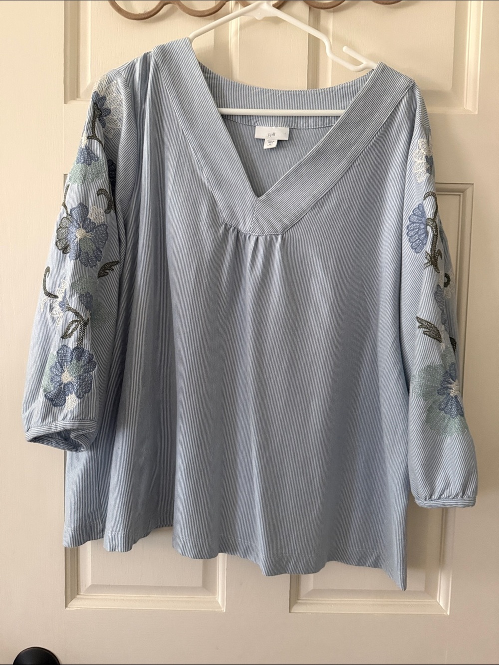 J. Jill Pale Blue V-Neck Tunic with Floral Embroidered Sleeves